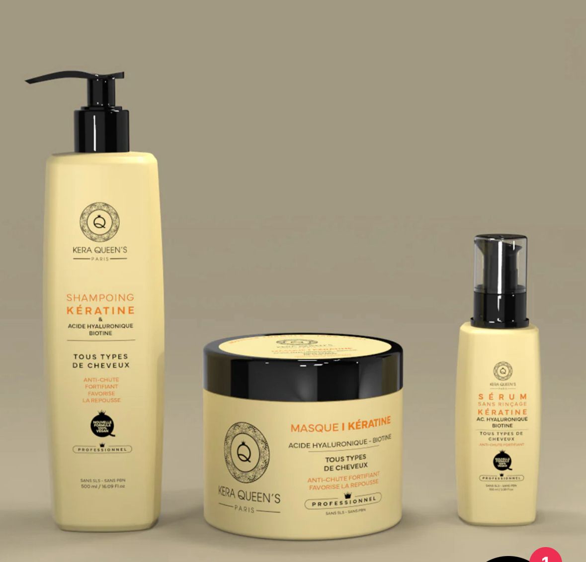 Lots de 6 Kit entretein cheveux Trio Biotine Kera Queen’s | Shampooing sans sulfate Masque Sérum Fortifiant